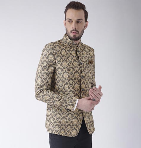 Men Brown & Beige Printed Single-Breasted Bandhgala Blazer